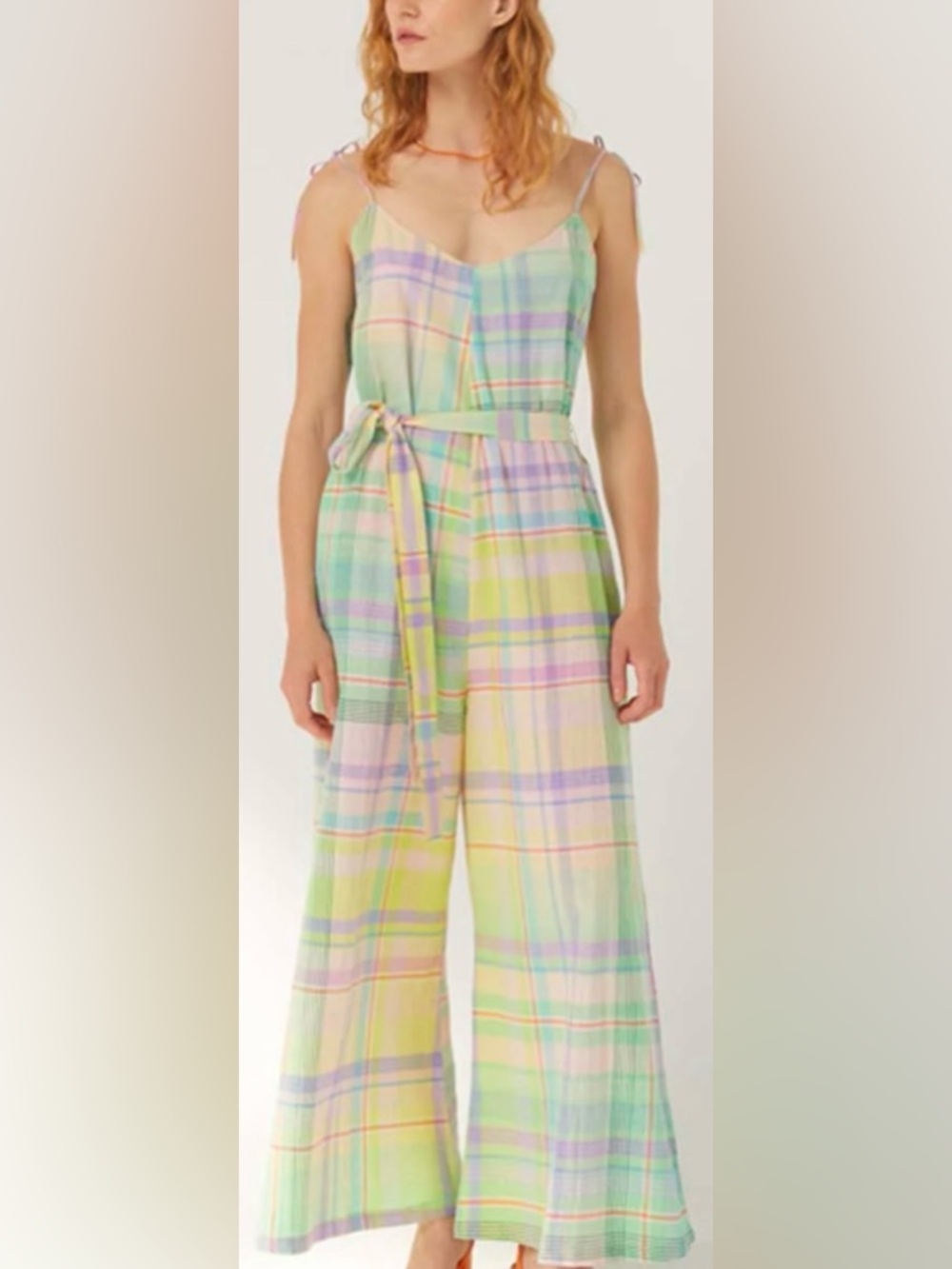 Mii EN FETE Pastel Plaid Wide Leg Jumpsuit Tie Strap Size S